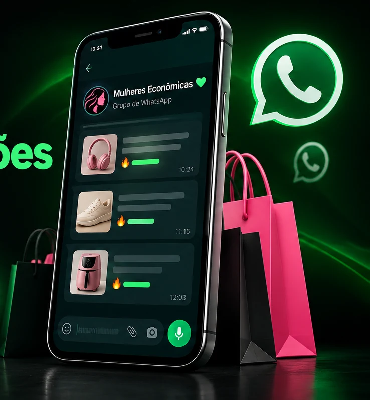 Celular mostrando ofertas do grupo Mulheres Econômicas